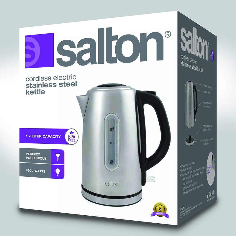 Salton Cordless Electric Stainless Steel Kettle, Water Boiler and Tea Heater, 1.7 Liter/Quart with Automatic Shut-Off and Boil-Dry Protection, Water Level Window, 1500 Watts (JK1903)