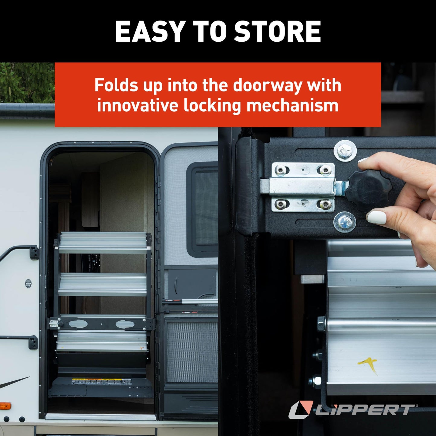 Lippert Solid Step 4.0 Premium Double RV Camper Entry Steps with 26" Step Width, XL Top Tread, 8" Rise, 500-lb. Weight Capacity, Adjustable Legs, Recessed Feet, Foldable Design - 2024056996