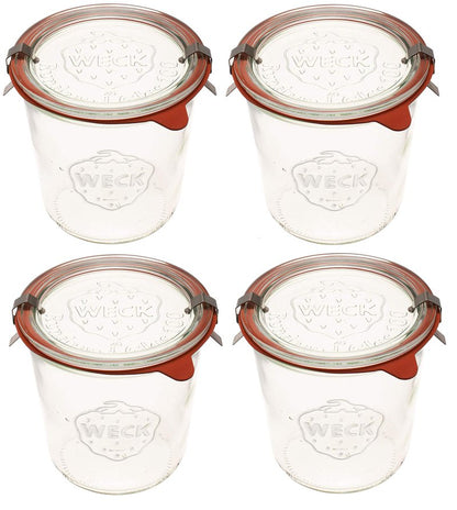 Weck Einmachgläser 742-19 6 fl. oz Weck Formgläser aus transparentem Glas – Umweltfreundliches Einmachglas – Frischhaltedosen mit Deckel luftdicht – 1/2 Liter Gläser Set – 4 Stück Gläser mit Deckel