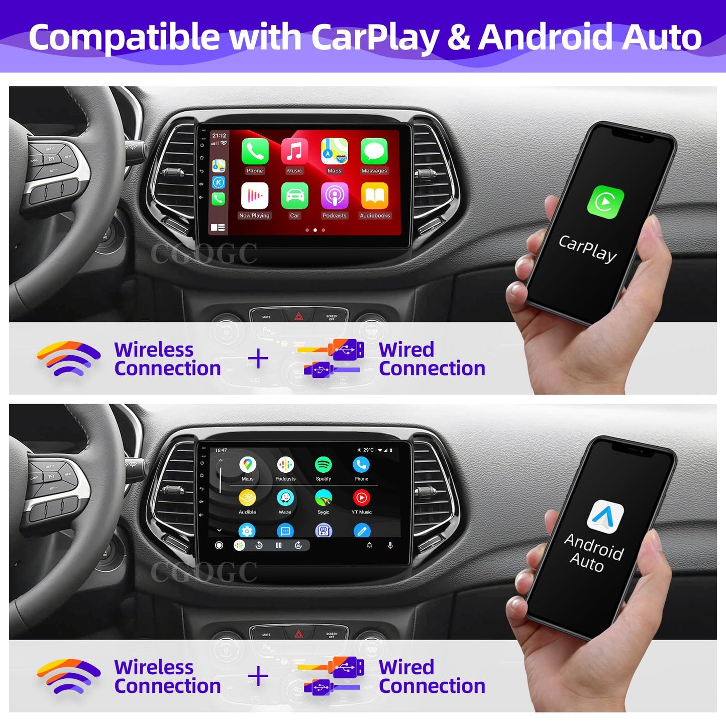 CGOGC for Jeep Compass 2017-2020 Radio Compatible with Wireless Carplay Android Auto TouchScreen Car Stereo Upgrade Bluetooth GPS FM/AM WIFI Navigation Backup Camera Multimedia Player 8-Core Head Unit