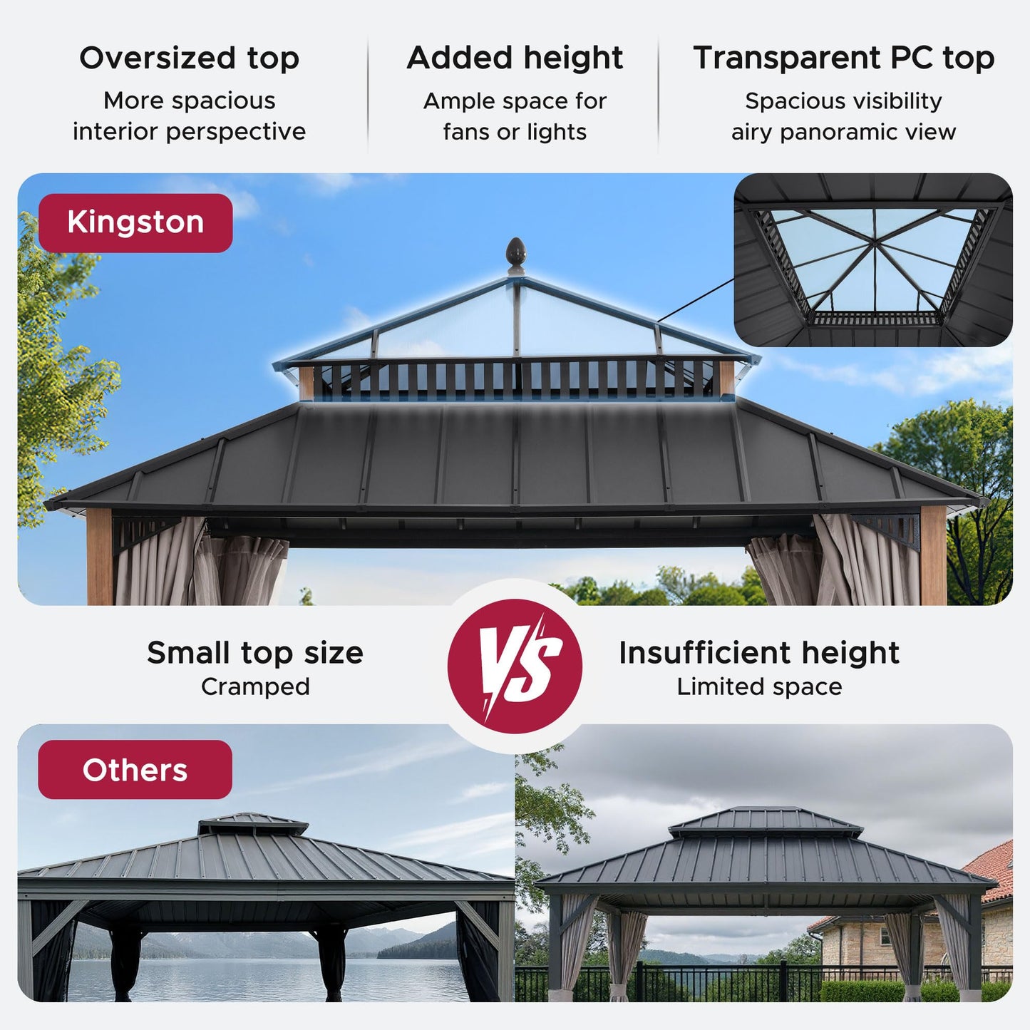 SUNJOY Kingston 12' x 12' Hardtop Gazebo with Galvanized Steel/Polycarbonate Double Roof, Curtain and Netting, Woodgrain Finish Aluminum Posts Permanent Pavilion Gazebo for Garden, Patio, Deck, Lawn