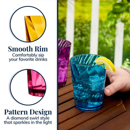 US Acrylic Optix Plastic Reusable Drinking Glasses (Set of 8) 14oz Rocks Cups in Jewel Tone Colors | BPA-Free Tumblers, Made in USA | Top-Rack Dishwasher Safe