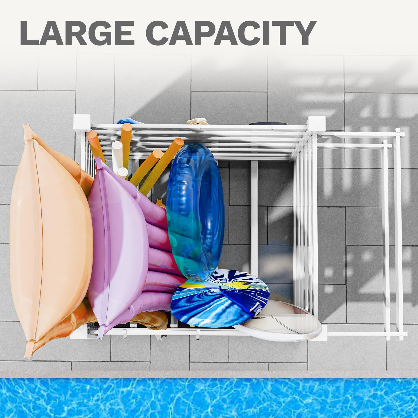 DWVO Pool Storage Bin, 64"x46"x38" Large Waterproof Pool Float Organizer with 6 Movable Hooks, Outdoor Resin Poolside Deck Box for Goggles, Towels & Pool Accessories, White
