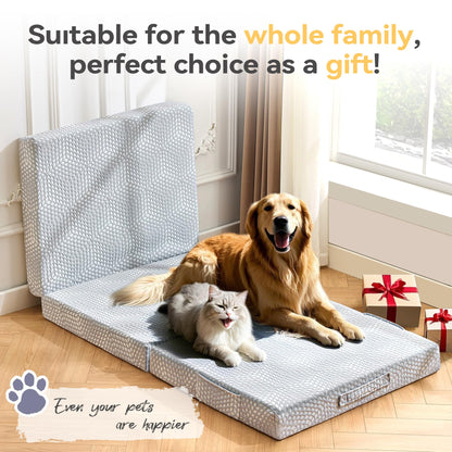 BDEUS Memory Foam Folding Topper 3.95 Inch Small Queen Size with Protable Storage Bag, Trifold Topper Soft Guest Mat Floor Mat for Kids Camping Road Trip, Gray, 58 x 78 Inch