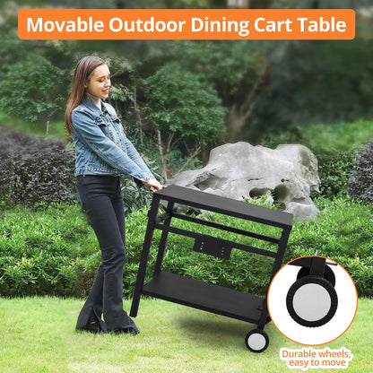 Outdoor Grill Cart - Portable Barbecue Table with Rolling Wheels, Hooks, Double Shelves, Removable Steel Flat Top Work Surface, Side Handles, Multifunctional Commercial Design