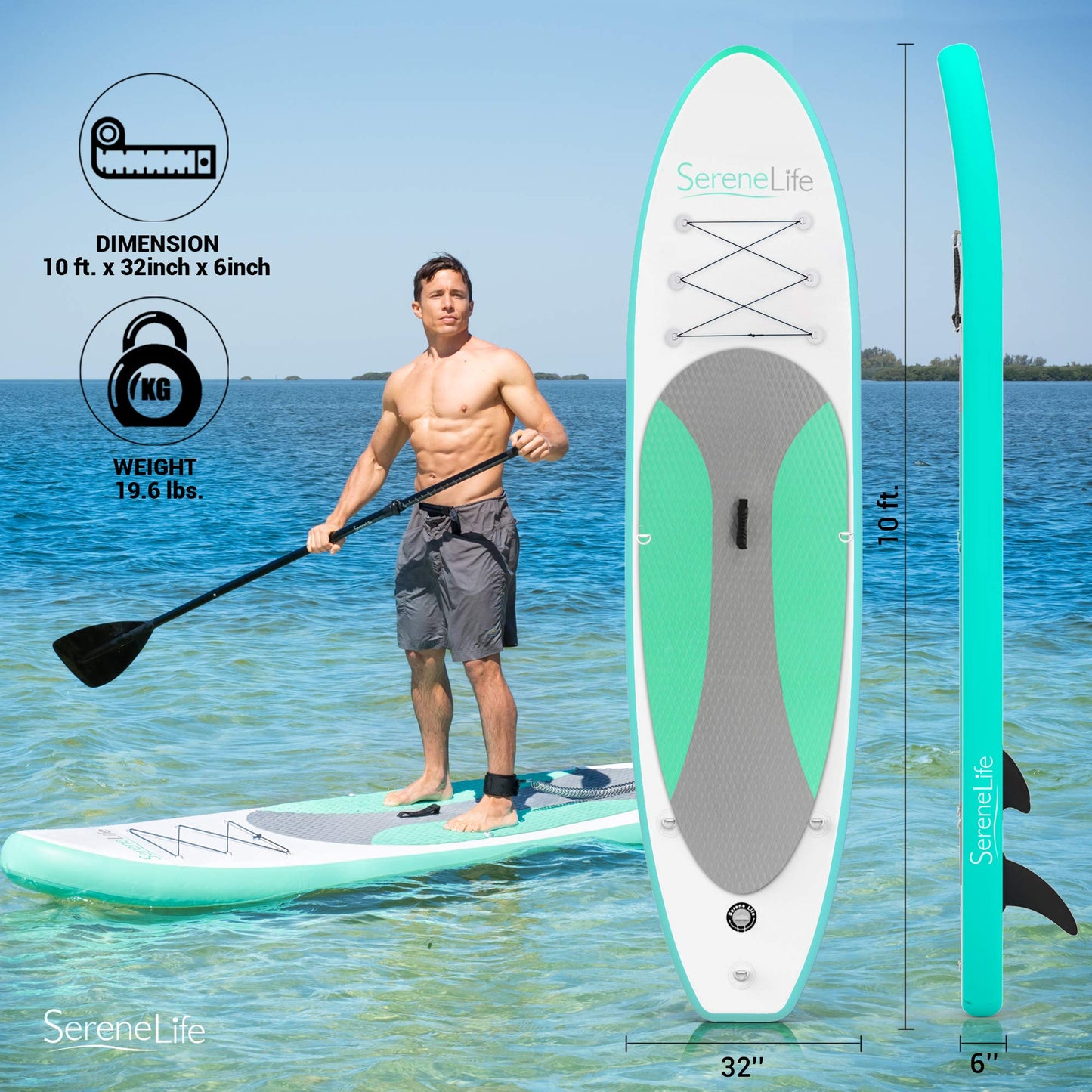SereneLife Inflatable Stand Up Paddle Board - Wide Stable Design, Non-Slip Deck for Adults & Youth with Premium Paddle Board Accessories: Carry Bag, Dual Action Pump, Paddle, Ankle Leash - 10'