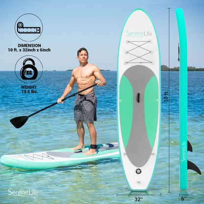 SereneLife Inflatable Stand Up Paddle Board - Wide Stable Design, Non-Slip Deck for Adults & Youth with Premium Paddle Board Accessories: Carry Bag, Dual Action Pump, Paddle, Ankle Leash - 10'