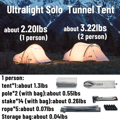 Naturehike Ultralight Solo Tunnel Tent - 1/2 Person Waterproof Tent with Lightweight Aluminum Pole, for Camping, Backpacking, Hiking, Hunting, Biking, Mountaineering, Easy Setup (1 Person)