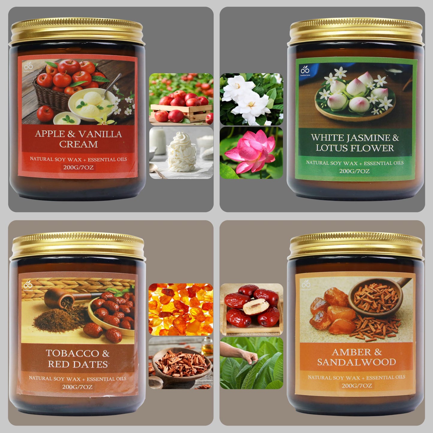 Soy Candles for Home Scented, 4-Pack Gift Set with Amber Sandalwood and Apple Vanilla, 50 Hour Long Burn Cotton Wick Aromatherapy Candles, YuuKiin Luca Gifts for Women Mom Birthday Christmas