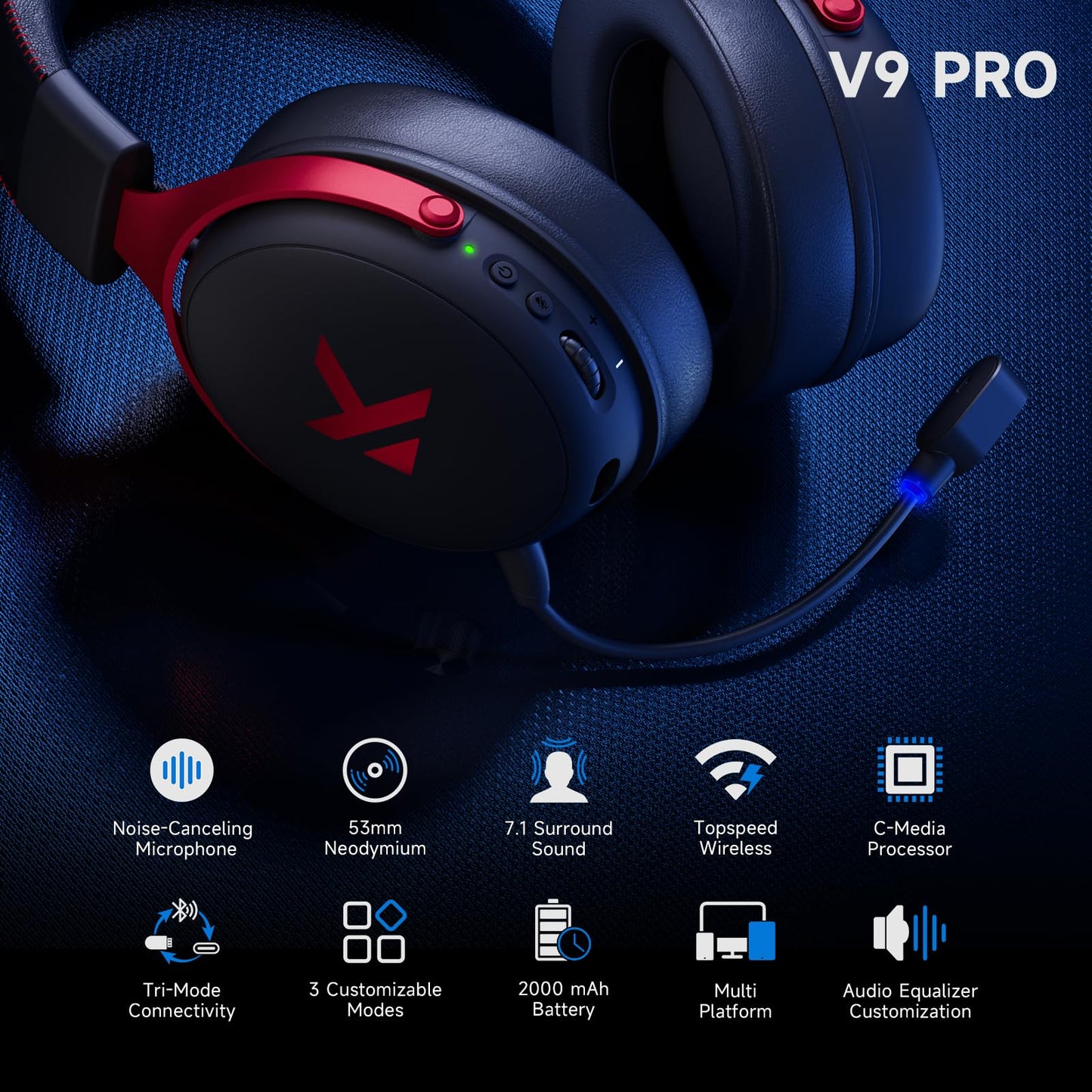 MCHOSE V9 PRO Wireless Gaming Headset 7.1 Surround Sound for PS5 PS4 PC SWITCH TOPSPEED Gaming Headphones, Noise Canceling Mic, 250Hr Battery, Low 15ms Latency, Lightweight, BT 5.3 FPS Games Black&Red