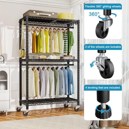 FUTASSI P3 Rolling Clothes Rack, Clothing Racks for Hanging Clothes, Heavy Duty Garment Rack with Wheels, Freestanding Portable Closet Racks 39.4'' W x 14'' D x 78.5'' H, Max Load 470 LBS, Black