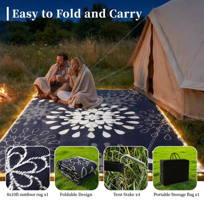 Wallona Outdoor Rugs 8x10 ft Patio Waterproof with Led Strip Lights Indoor Outdoor Carpet for Patio Plastic Straw Reversible Area Rugs Mat for RV, Camping, Beach, Picnic, Porch, Flower Blue & White