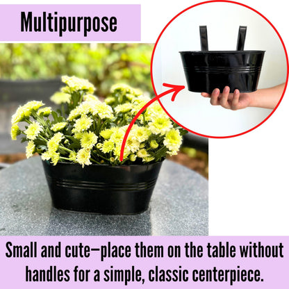 LaLaGreen Rail Planter Outdoor Plants (6 Pack, 9.8 Inch) Small and Cute Black Metal Iron Hanging Flower Pot Deck Railing Fence Buckets Countryside Style Window Box Plant Holder Hooks Porch Decor