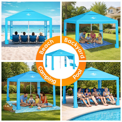 Purebox Beach Tent Shade Canopy - 8 * 8FT UPF50+ Beach Umbrella Sun Shelter 3Min Setup for 8 Person Cabana Tent with Sand Pockets Removable Side Walls Instant Sun Shade for Family, Camping, Fishing