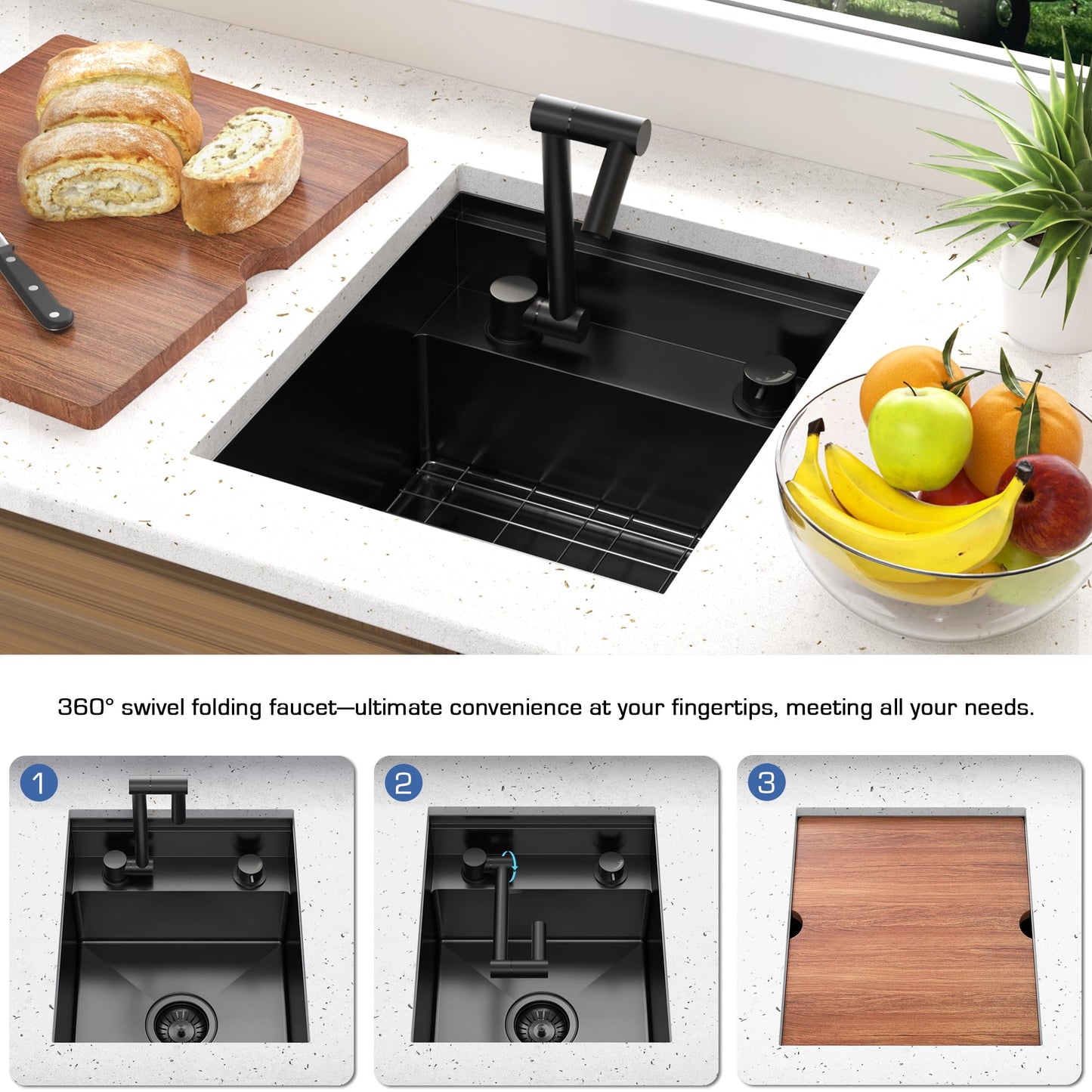KOXKING Outdoor Kitchen Sink 15x18 Inch with Foldable Faucet, Nano Black 16 Gauge Stainless Steel RV Camper Bar Prep Workstation Sink with Cutting Board Cover, Bottom Grid & Drain Kit