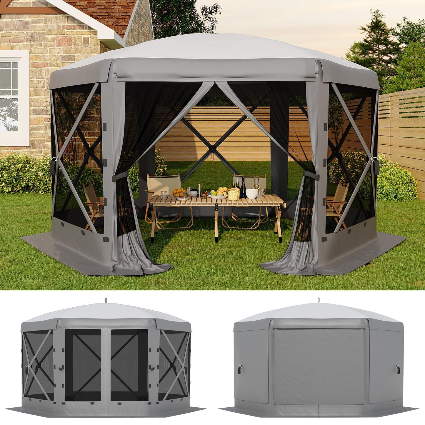 13x13FT 6-Sided Gazebo Tent, One-Push Setup Canopy with Mesh Panels & Removable Wind Cloths, Outdoor Shelter for Backyard Parties Camping Events, Grey