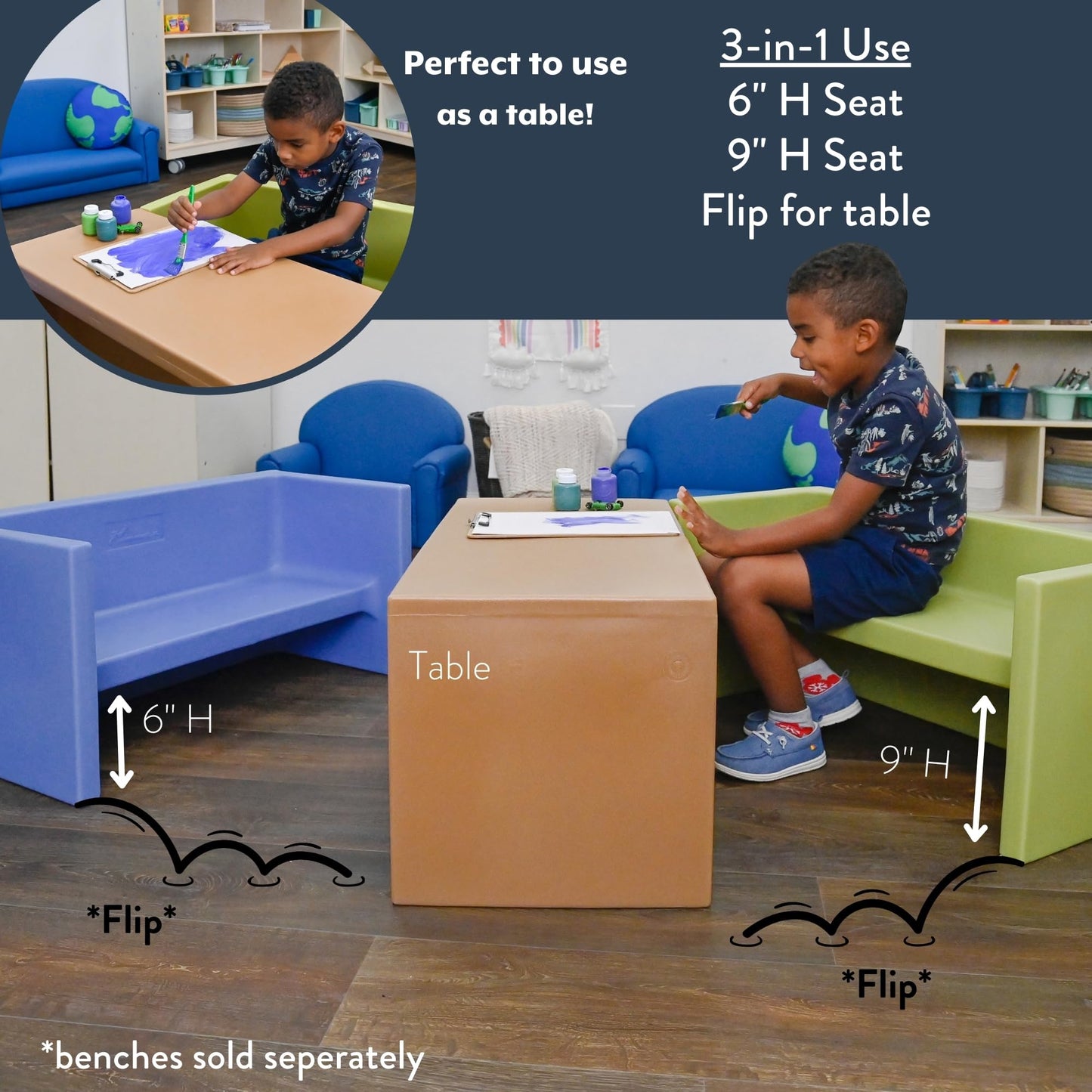 Children's Factory Adapta-Bench, CF910-055, Sky, Kids Flexible Seating, Classroom, Preschool and Daycare Furniture, Indoor or Outdoor Toddler Chairs