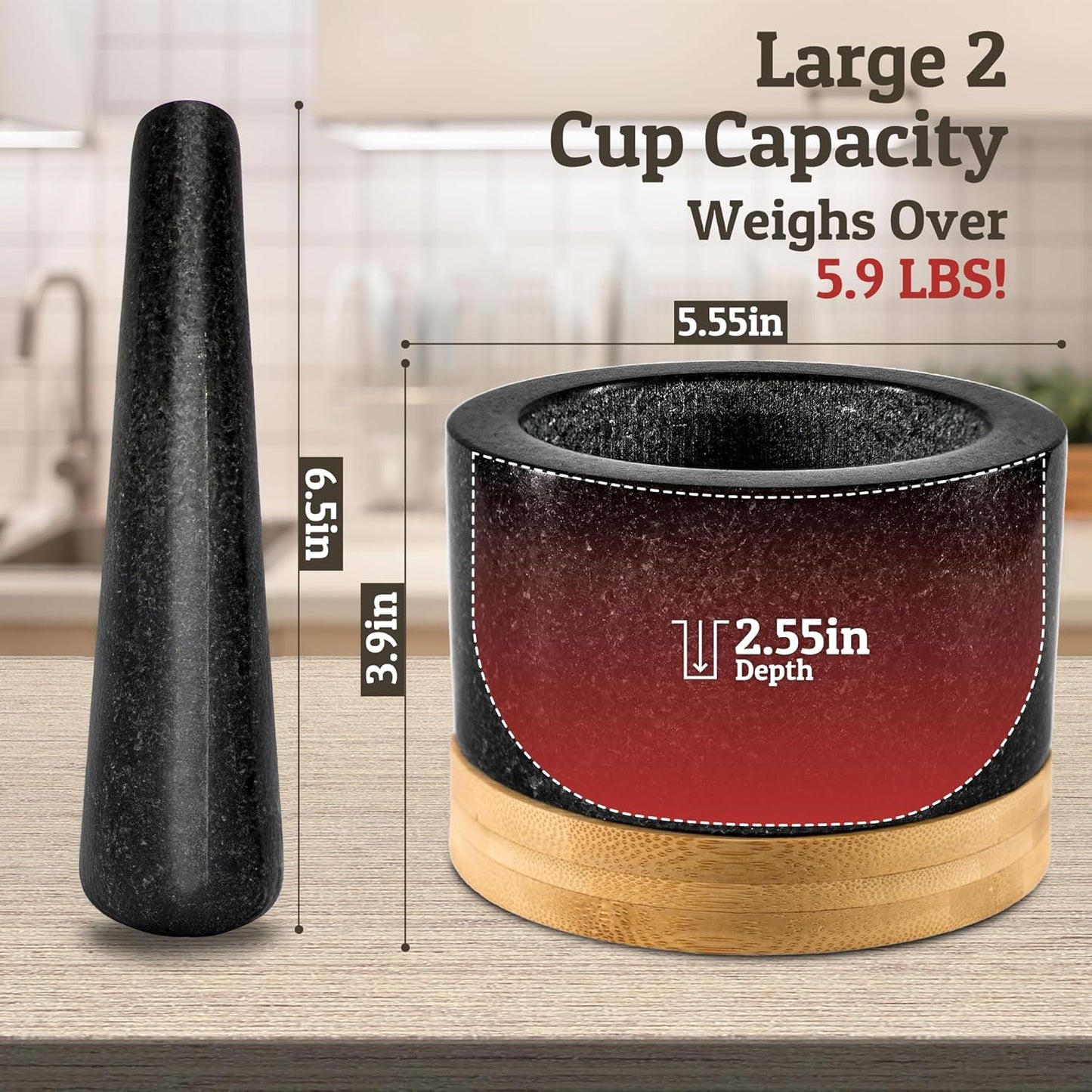 PriorityChef Heavy Duty Mortar and Pestle Set - 100% Natural Granite Stone Grinder, 2 Cups, Black