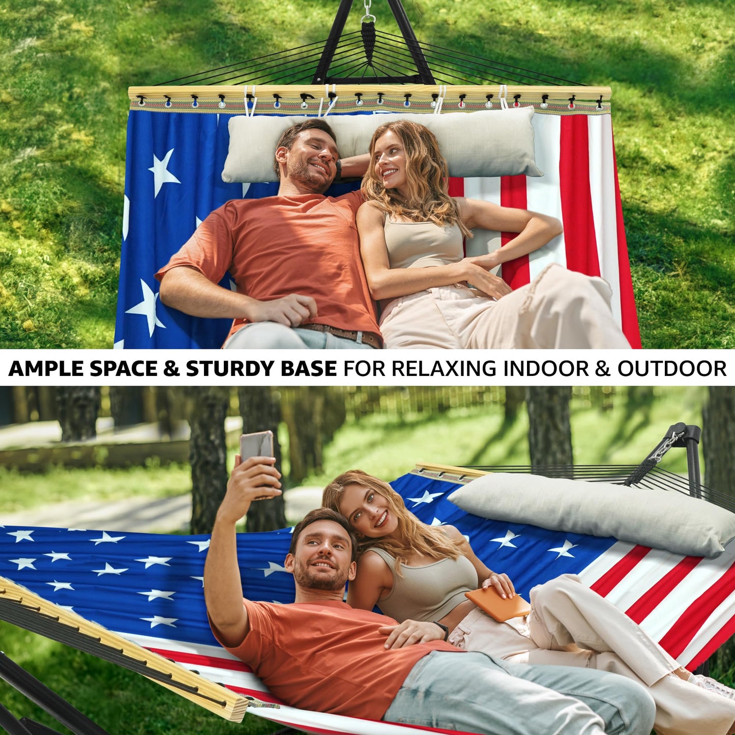 Tranquillo Unity with Hammock Stand, 800 lbs Capacity Steel Double Hammock Stand for 2 Persons, Premium Pre-Assembled Stand for Indoor Outdoor (American Flag)