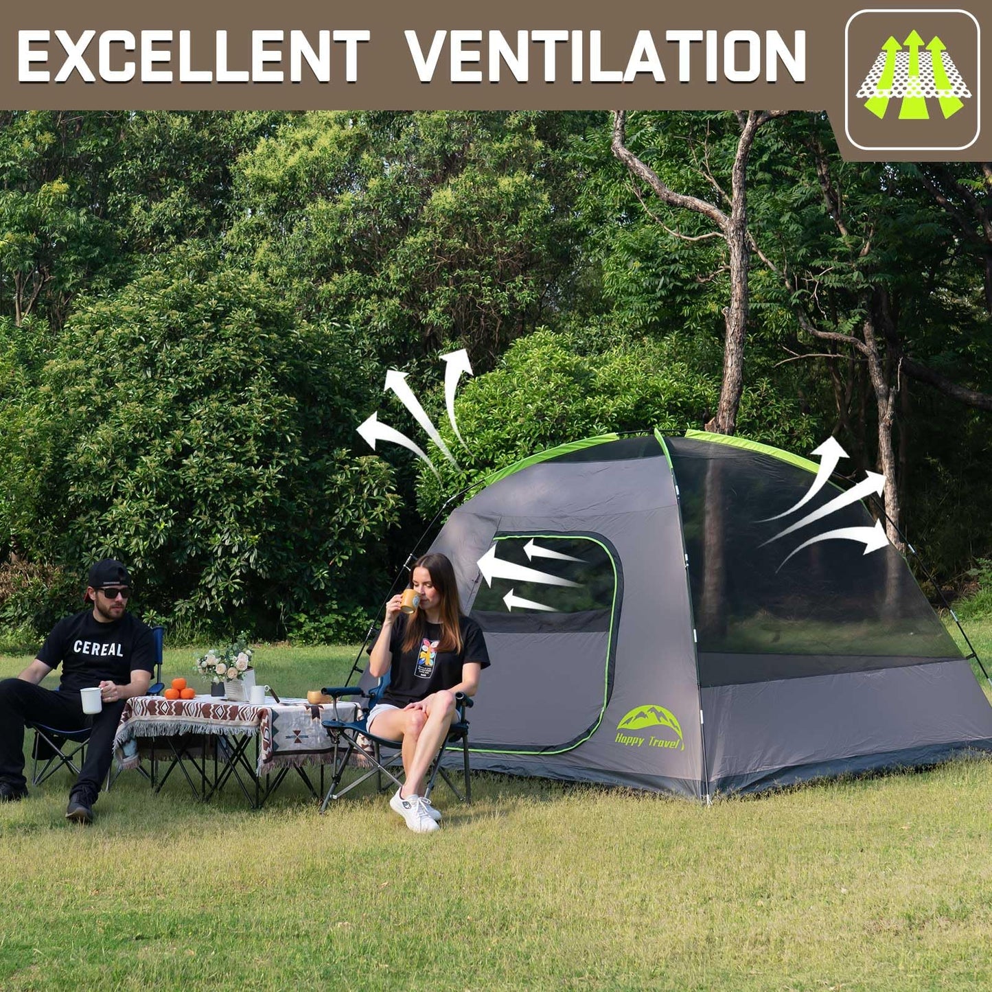 Happy Travel Camping Tent, 4/6 Person Dome Tents for Camping with Rainfly, Waterproof Clip Easy Setup Portable Family Tent with Mesh Windows, 20% More Headroom Backpacking Tents for Camping & Hiking