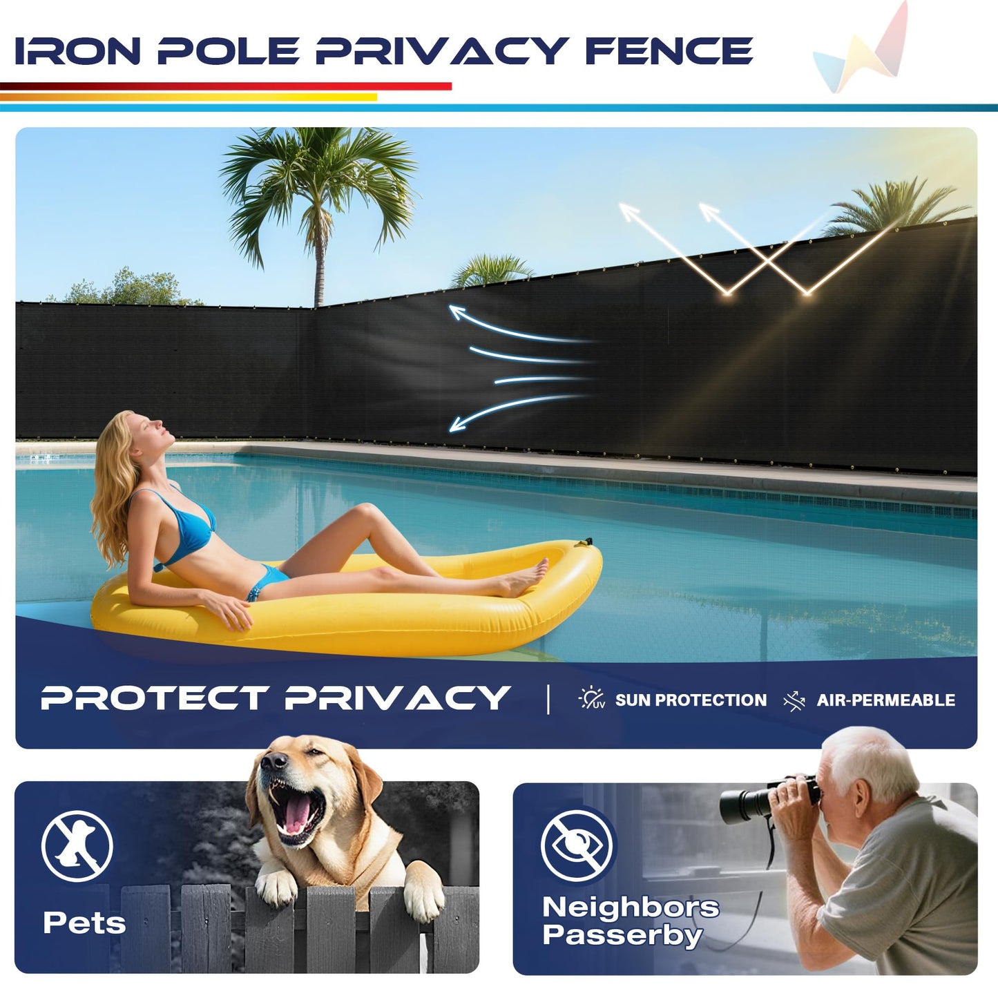 Windscreen4less Outdoor Privacy Fence Screen, 6'x24' Freestanding Privacy Fencing Set with Iron Poles and Ground Spikes, UV Resistant Mesh Cover Garden Pet Fencing for Backyard Patio Pool, Black
