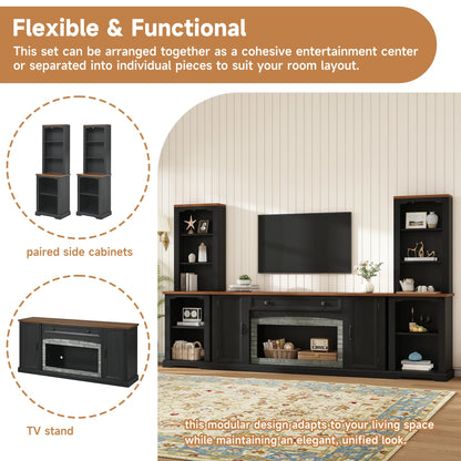 Merax 3-Piece TV Stand Set for TVs up to 70", Farmhouse Entertainment Center with Curved Side Cabinets & Bookshelves, Modular Storage Unit with Drawer and Adjustable Shelves for Living Room, Black