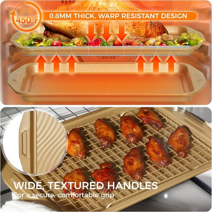 HONGBAKE 9-Piece Non-Stick Baking Pans Set - Wave Texture for Reduced Oil | Durable 0.8mm Bakeware in Gold