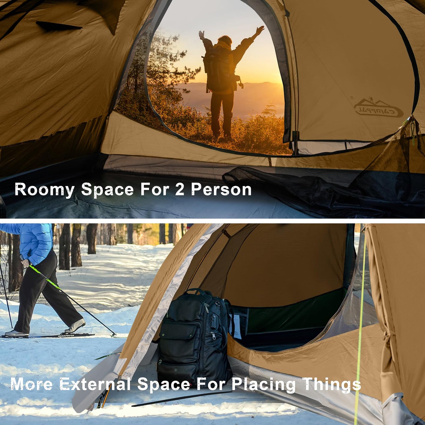 Camppal 2 Person Backpacking Tent, Waterproof 4 Season Tent, Windproof Rainproof Cold Weather Winter Tent for Camping, Hiking, Hunting, Motorbiking, Cycling - Khaki
