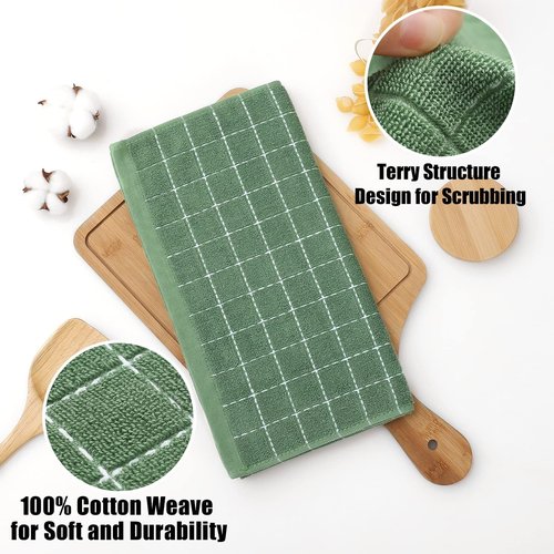 Homaxy 100% Cotton Terry Kitchen Dish Cloths, Ultra Soft and Absorbent Dish Towels for Kitchen, Suitable for Drying and Washing Dishes, 18 Pack, 12 x 12 Inches, Grass Green