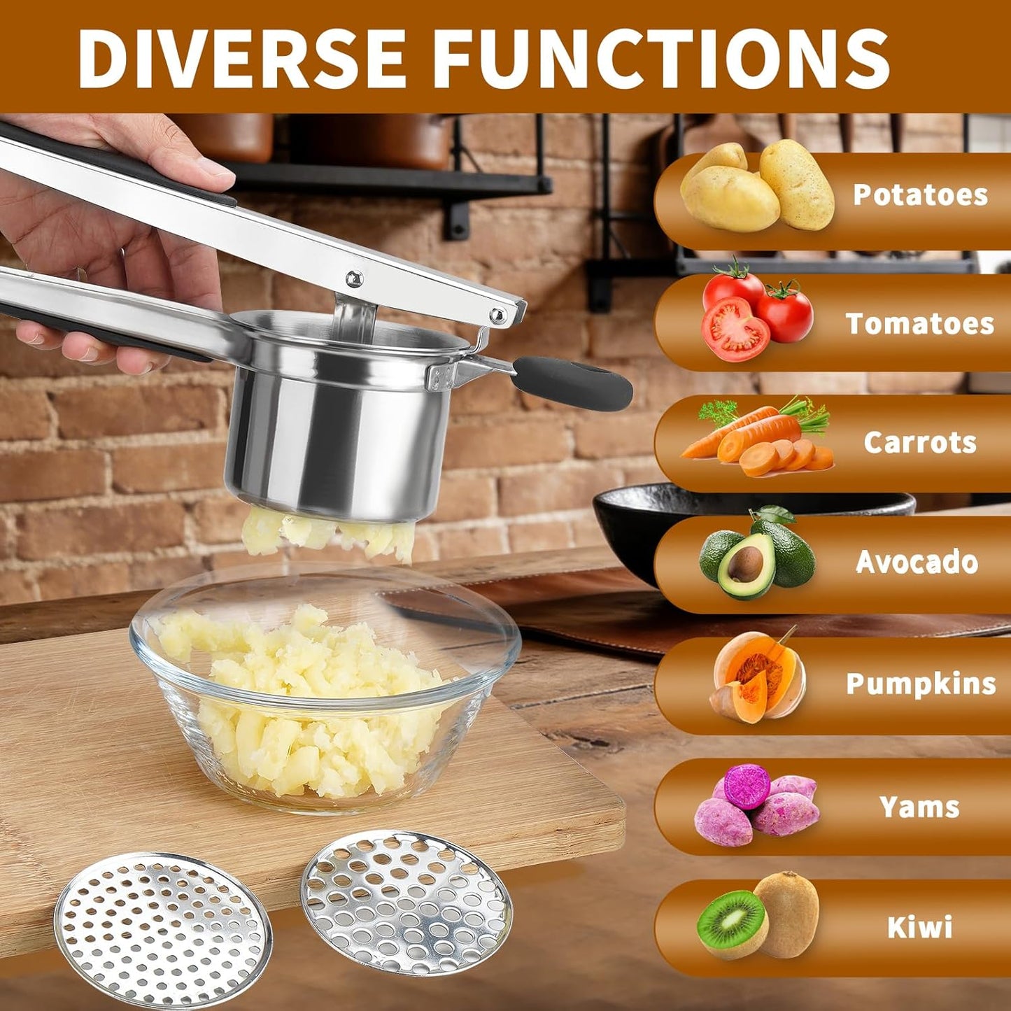 Skiennix 15oz Potato Ricer - Heavy Duty Stainless Steel with 3 Interchangeable Discs & Silicone Handle