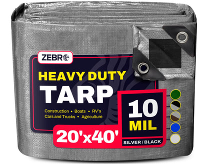 20' x 40' Silver/Black Heavy Duty Tarp with Grommets Reinforced - 10 Mil Thick - Double Sided Plastic Waterproof Tarps - Large Tarpaulin Cover for Outdoor Camping Tent Tarp RV Roof Rain - Zebro