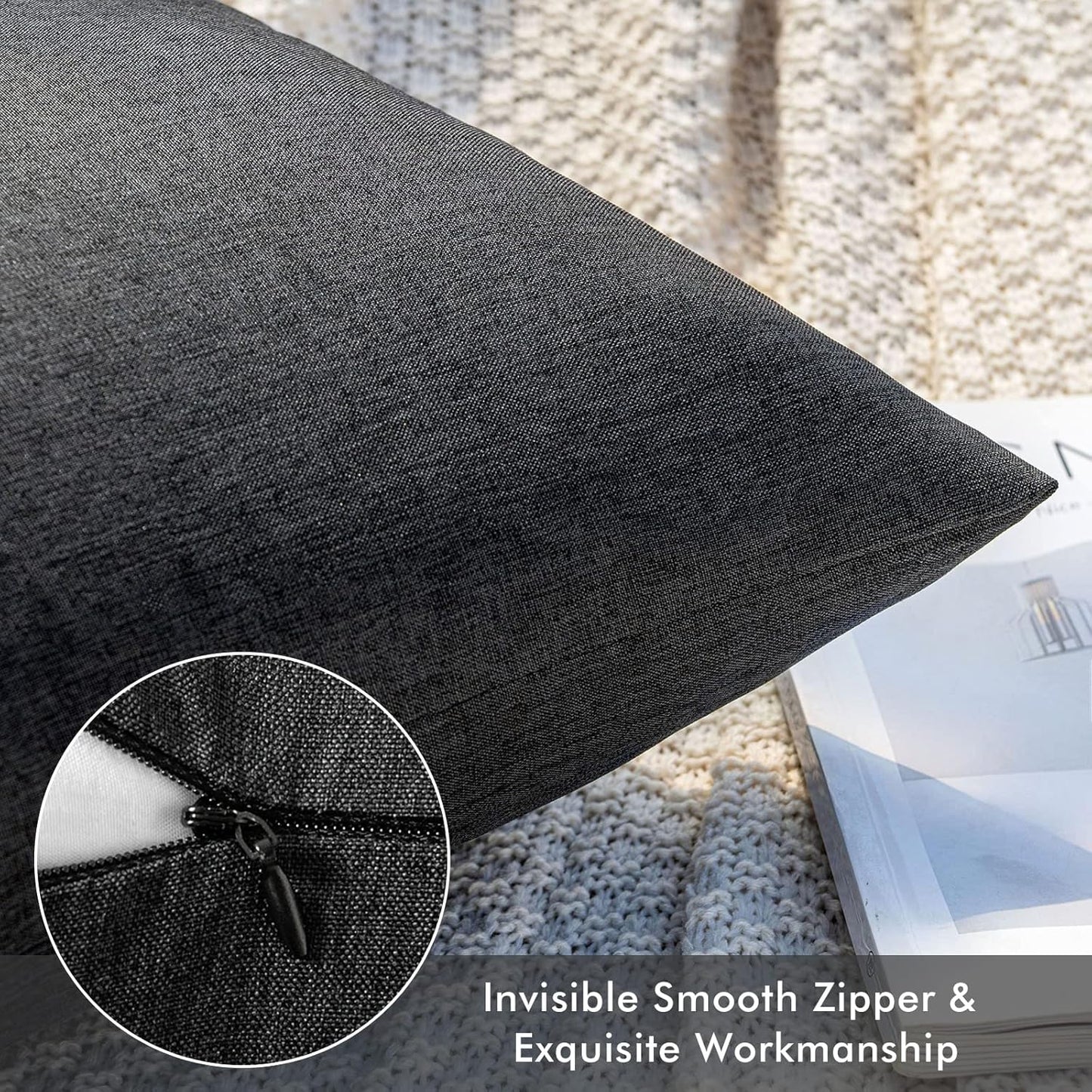 MIULEE Decorative Outdoor Throw Pillow Covers - Waterproof Faux Linen Cushion Cases | 16x16 Inch Black (Pack of 2)