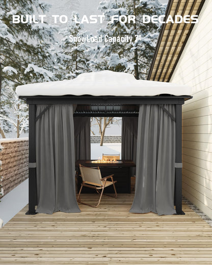 12'X12' Permanent Hardtop Gazebo, Aluminum Frame with Double Galvanized Steel Roof, Outdoor Patio Pavilion with Curtains & Netting for Backyard, Deck – Gray