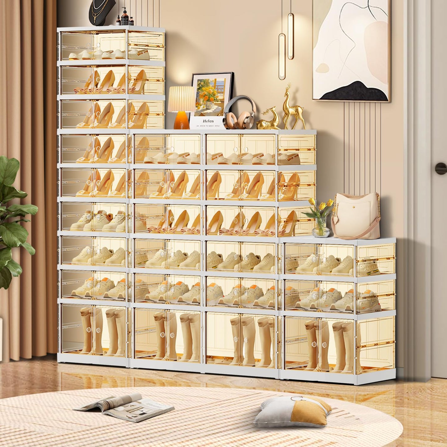 CIMLORD 9 Tier Foldable Shoe Rack for Closet Entryway 18-36 Pairs Stackable Clear Shoe Storage Boxes with Lids Large Shoes Shelf with Door Tall Plastic Organizer Cabinet Easy Assembly