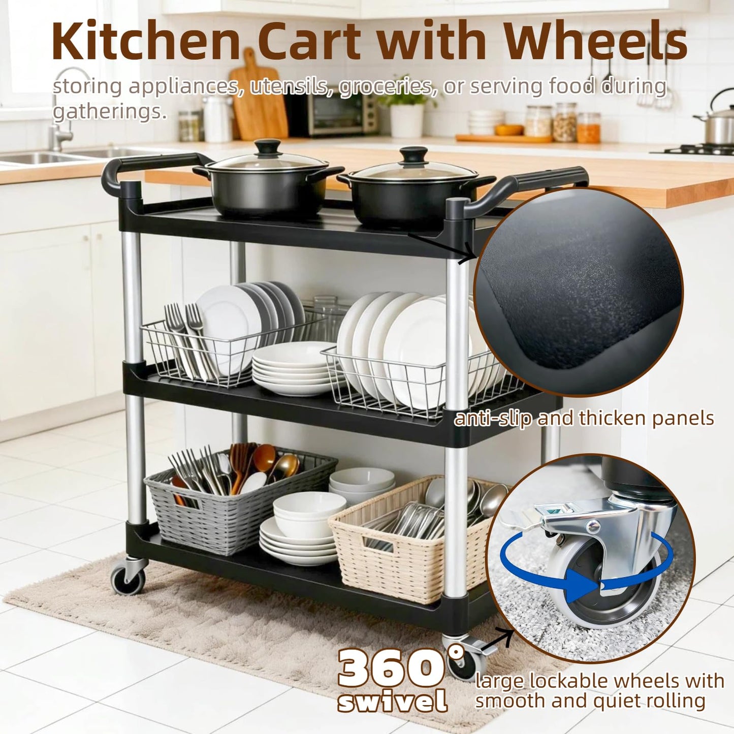 Ufriandz 3 Tier Heavy Duty Rolling Utility Cart with Strong Wheels and Handle 600lbs Load Capacity Plastic Serving Cart for Food Commercial Garage Restaurant Kitchen, Black Storage Shelf