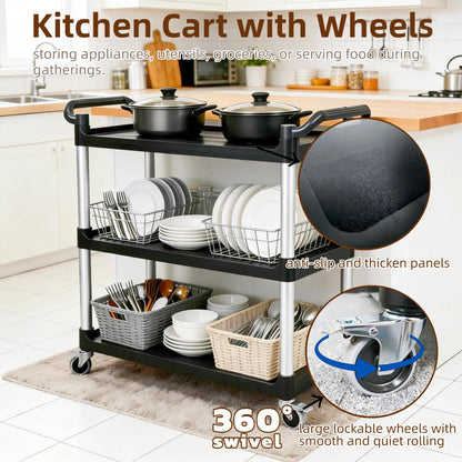 Ufriandz 3 Tier Heavy Duty Rolling Utility Cart with Strong Wheels and Handle 600lbs Load Capacity Plastic Serving Cart for Food Commercial Garage Restaurant Kitchen, Black Storage Shelf