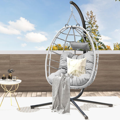 DWVO Egg Hanging Swing Chair with Stand Egg Chair Wicker Indoor Outdoor Hammock Egg Chair with Cushions 330lbs for Patio, Bedroom, Garden and Balcony, Light Gray