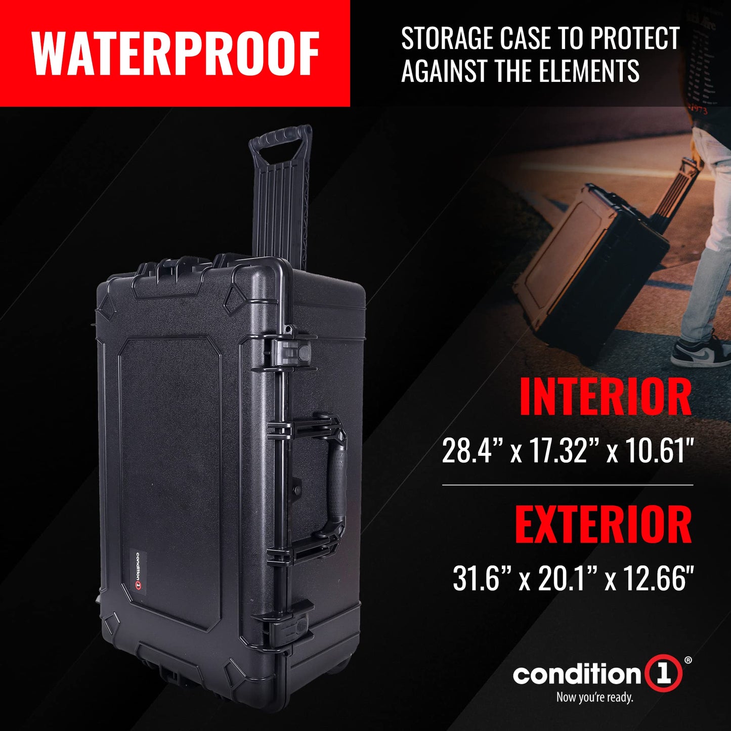 Condition 1 31" Large Waterproof Rolling Hard Travel Case Model 1258 with Wheels, Plastic Lockable, for Electronics, Tactical Gear, Made in USA, 31.6"x20.1"x12.66" Black