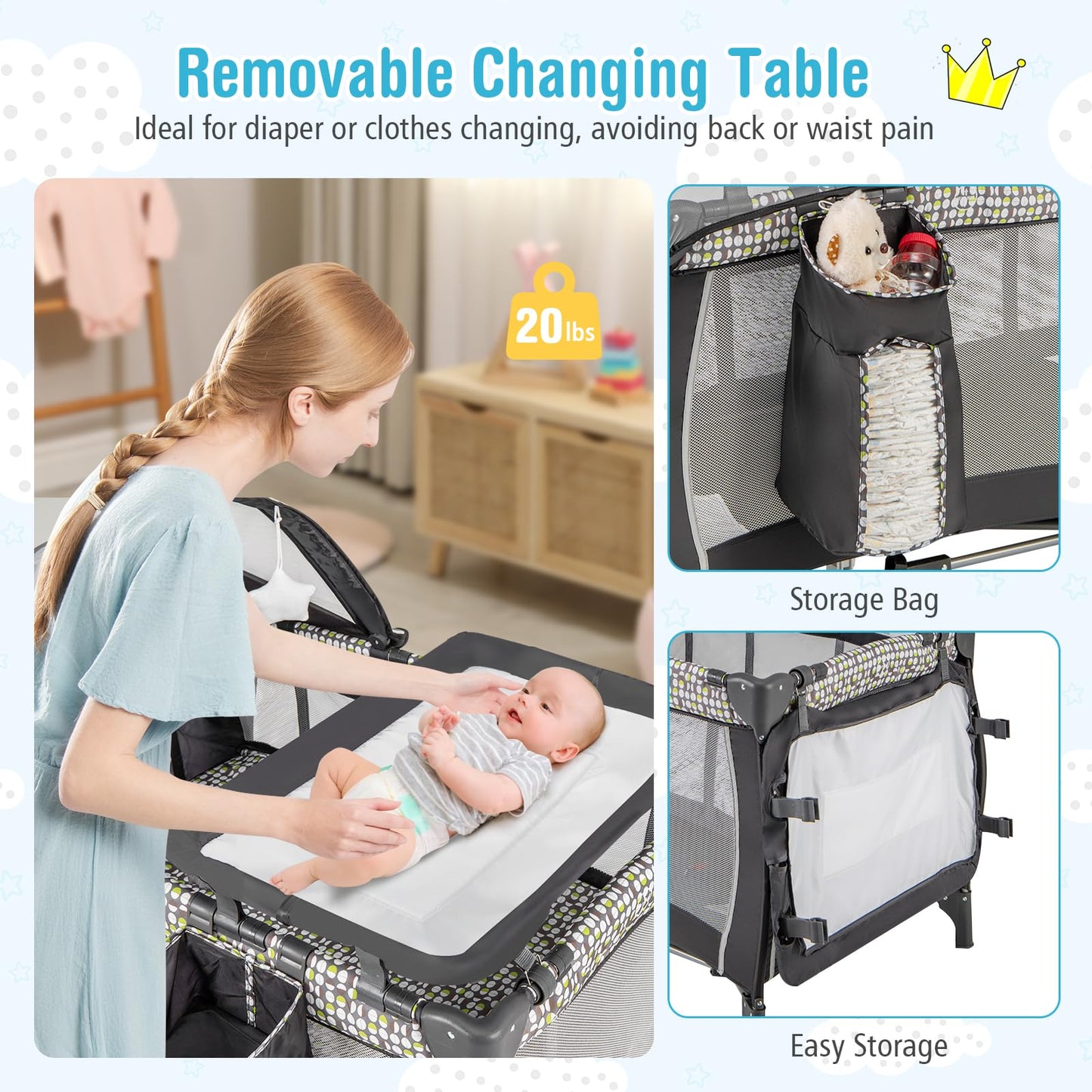 BABY JOY 4 in 1 Pack and Play, Portable Baby Playard with Bassinet, Adjustable Canopy, Changing Table, Lockable Wheels, Glowing Music Box, Travel Baby Crib Bassinet Bed from Newborn to Toddler Grey