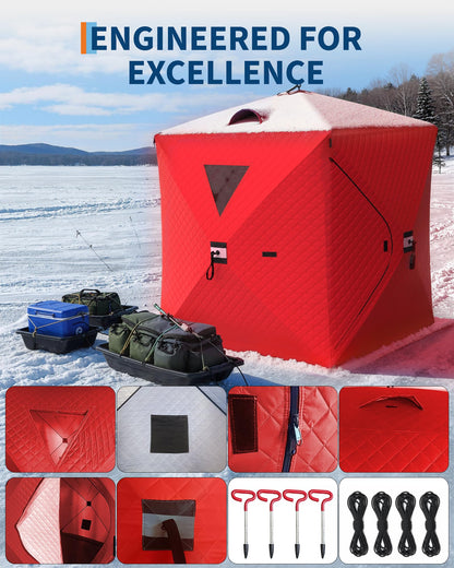 Pop-Up Ice Fishing Tent, Portable Windproof Insulated Hub Tent for 1-8 Person Winter Fishing with 210d Oxford Fabric, Includes Anchors & Carry Bag