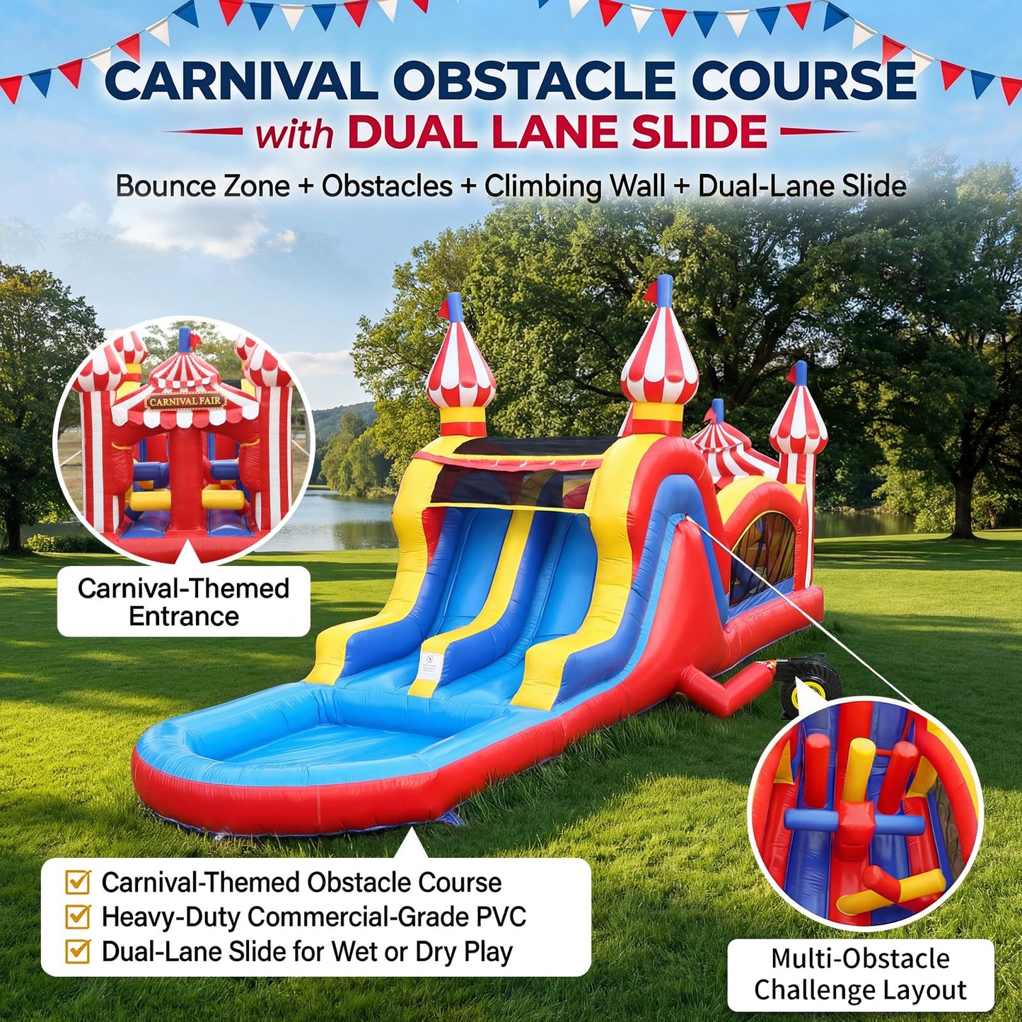 WONDER DOME 28FT Carnival Obstacle Course Water Slide, Wet/Dry Inflatable Bounce House with Climbing Wall, Obstacles & Dual Slides, Commercial-Grade PVC, Blower Included