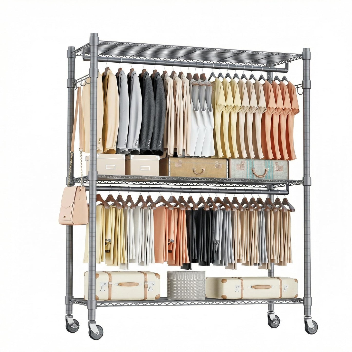 Homdox Rolling Clothes Rack Heavy Duty, 3-Tier Adjustable Wire Shelving Garment Organizer with Double Rods & Hooks, Portable Clothes Rack with Wheels, 17.72" D x 47.24" W x 80.71" H, Grey