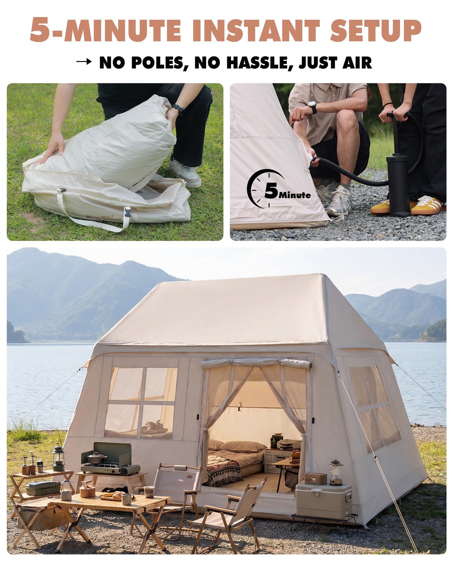 3-4 Person Inflatable Camping Tent Portable Air Cabin Blow Up Tent with Hand Pump Easy Setup Waterproof for Camping Family Backpacking Hiking