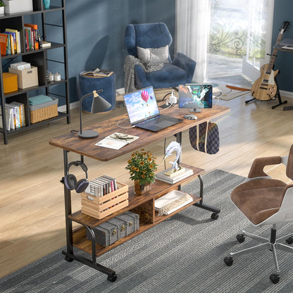 Armocity Rolling Standing Desk with Charging Station, Portable Height Adjustable Mobile Computer Desk with Wheels & 2-Tier Shelves & Hooks, Easy Assembly Laptop Table for Couch Bed, 47" Rustic Brown