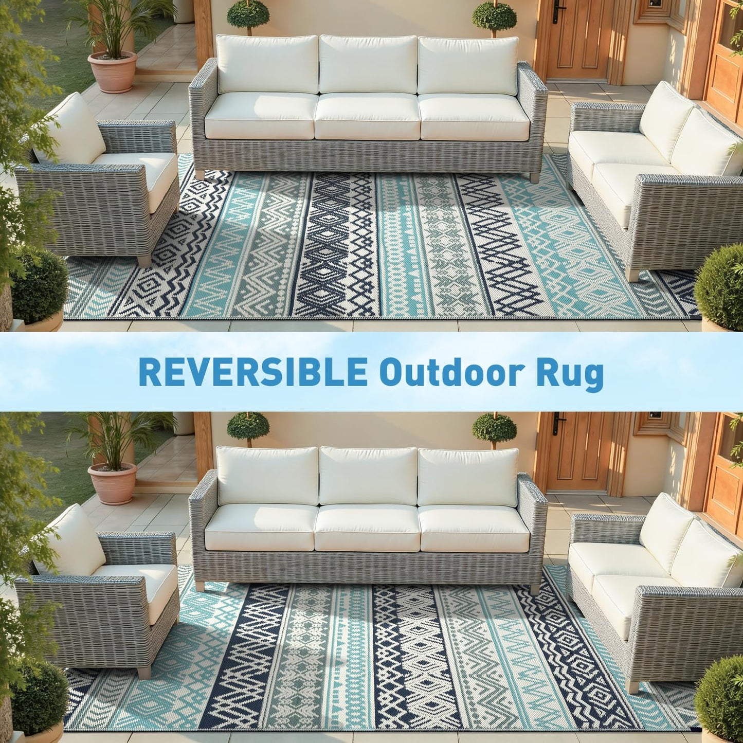 MontVoo Outdoor Rug Carpet Waterproof-Patio Rug Mat 10x14 Reversible RV Outdoor Camping Rugs Picnic Beach Mats Plastic Straw Outside Rugs for Balcony Porch Pool Deck Boho Patio Decor