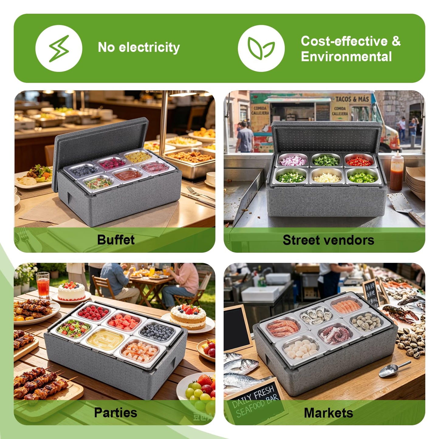 Tragaomx Insulated Cold Food Buffet Ice Serving Trays 6 Lids 6 Pans 2 Ice Packs Insulation Box Cooled Condiment Serving Container Ice Platter Food Cooler for Parties Buffets Fruit Market
