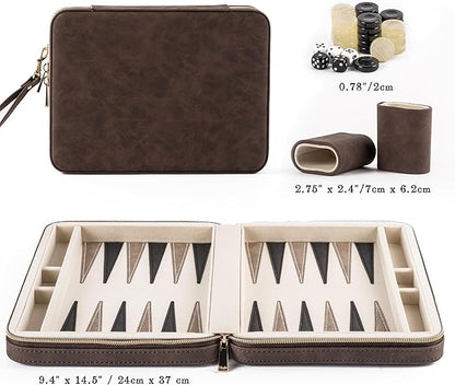 Backgammon Sets for Adults Classic Board Game with Folding Faux Leather Backgammon Case Portable Travel Backgammon Game Set (Brown)