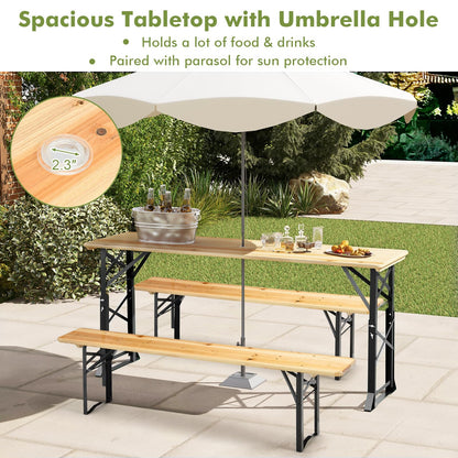 CHEFJOY 5.5FT Folding Picnic Beer Table, Outdoor Camping Table with Umbrella Hole & 2 Adjustable Heights, Heavy Duty Metal Frame & Solid Wood Top, Portable Picnic Table for Patio, Garden, Backyard