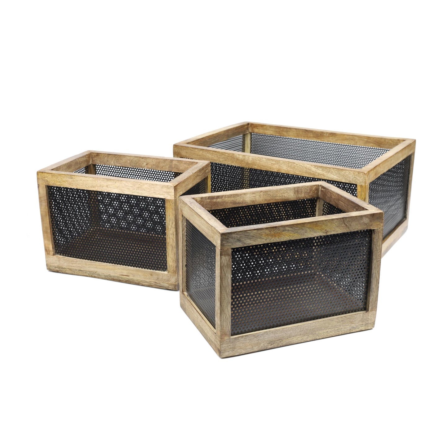 happimess BSK3005B-3SET Fallon Modern Minimalist Wooden Metal Nesting Storage Baskets for Shelves, Cabinets, Pantry, Countertop, Mesh Open Bin Basket for Organizing Supplies, Black/Natural (Set of 3)