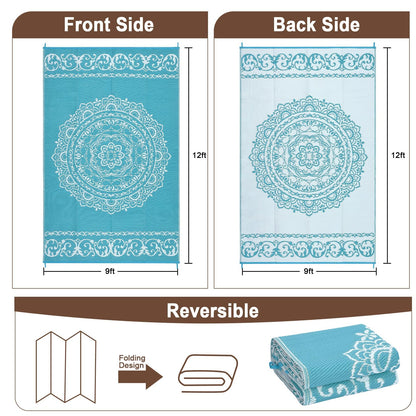 IDEALHOUSE Outdoor Rug 9x12 Ft, Waterproof Plastic Reversible Rug, Persian Style Camping Mat for Outdoors, RV, Patio, Backyard, Deck, Picnic, Beach, Trailer, Camping(Light Blue & White)